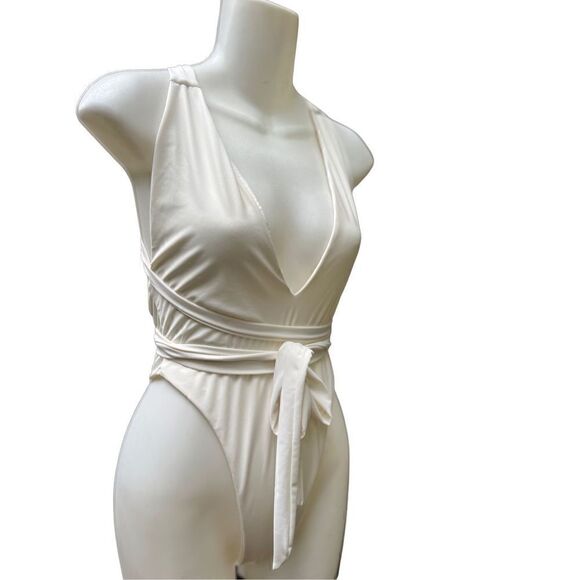 NUDE SWIM DEEP PLUNGE SELF TIE ONE PIECE IVORY CREAM SWIMSUIT NWOT LARGE - Picture 7 of 15